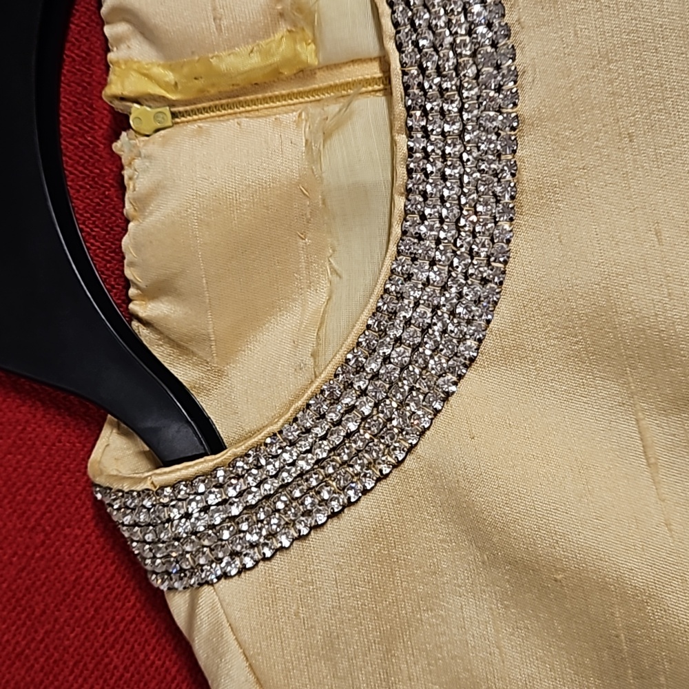 Vintage 50's yellow dress cap sleeve rhinestone collar lined sz. 8/10 - Picture 10 of 10